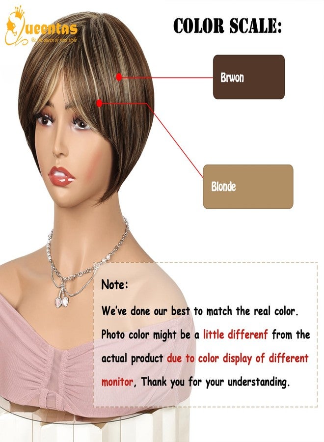 QUEENTAS Short Wigs for White Women Bob Brown Pixie Cut Wig Realistic Synthetic Brunette Wig with Bangs for Daily(Brown Mixed Blonde) - Image 3